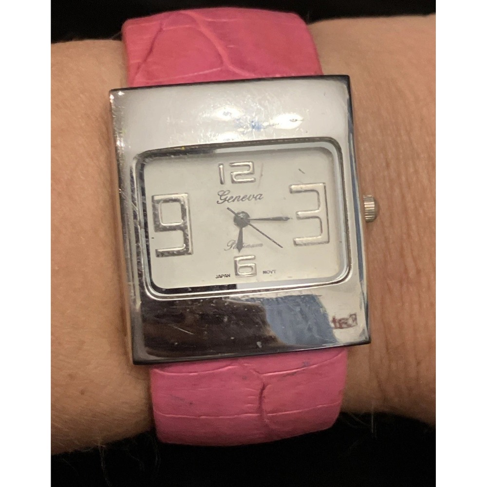 Geneva Pink Wide Cuff Square Face Bangle Bracelet Women’s Watch 6514 Alligator